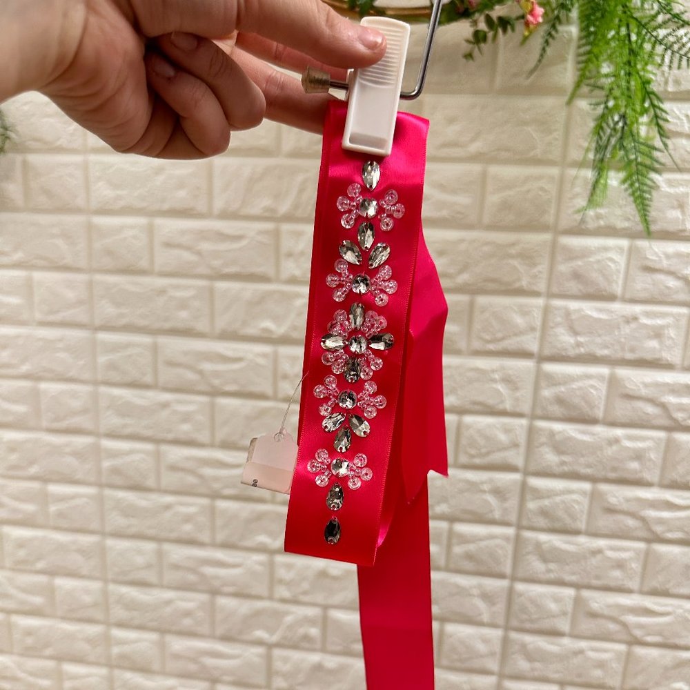 Fushia/Hot Pink Satin Flower Girl Belt with Beaded Detail